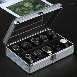 Watch Boxes 10 Slots Box Organizer With Glass Window Aluminum Alloy Metal Display Luxury Case Storage Holder For Men