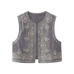 Womens Vests PB ZA Autumn Vintage Fashion Casual Versatile Temperament Bead Embroidery Velvet Short Vest 231005