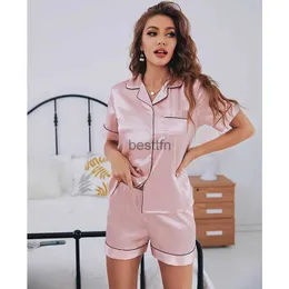 Women's Sleep Lounge Damen-Pyjama-Set aus Seidensatin, kurzärmelig, zweiteilige Pyjama-Sets, Nachtwäsche, Loungewear, Button-Down, L231005