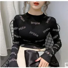 Bahar Yeni Kadınlar O-boyun uzun kolu Bodycon Tunik Pamuk Kumaş Rhinestone Harfleri Patchwork Shinny Bling T-Shirt Üstler Plus308h