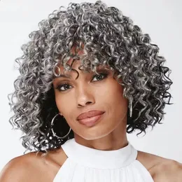 Perruque courte de cheveux humains bouclés gris argenté Saltpepper avec un volume luxuriant, boucle en spirale riche, gris naturel, sans dentelle, fabriquée à la machine, perruques sans colle tendance