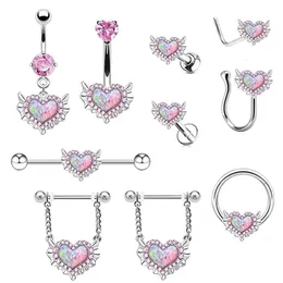 Nose Rings Studs Pink Navel Belly Button Rings Women Opal Heart Nose Clip Lip Labret Piercing Helix Screw Earring Stud Cartilage Conch Piercing 231005
