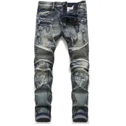 Mens Classic Biker Jeans Male Slim Straight Knee Drape Panel Moto Biker Jeans Destrud Ripped Stretch Hip Hop Trousers #1806256m