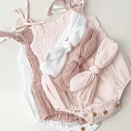 Summer New Toddler Baby Cotton Linen Bodysuits Kids Sleeveless Strap Jumpsuits Headband 2Pcs Outfits Beachwear A5869293m