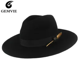 Szerokie grzbiet czapki wiadra gemvie 100 wełniana czapka cowgirl fedora dla mężczyzny w paski paski z piór jesienne zima panama jazzowa czapka 231005