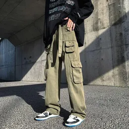Jeans masculinos macacão multi-bolso 2023 primavera e outono americano retro moda hip-hop high street wide-leg esfregando calças casuais