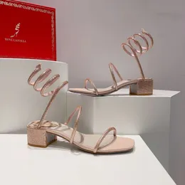 Kvinnor Rene Caovilla Sandaler 4,5 cm tjock häl Snake Wrapped Crystal Decorative Ankle Strap With äkta läder Fashion Luxury Designer Sandal