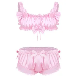 Bras Sets Men Sissy Crossdressing Erotic Lingerie Set Satin Frilly Wire- Bra Tops With Floral Lace Hem Bowknot Briefs Underwea227W