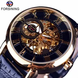 Forsining Männer Uhren Top-marke Luxus Mechanische Skeleton Uhr Schwarz Goldene 3d Wörtliche Design Römische Zahl Schwarzes Zifferblatt Uhr J190277H