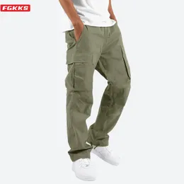 Pantalon homme FGKKS Cargo ample droit multipoche couleur unie polyvalent vêtements de travail survêtement coton décontracté homme pantalon 231005