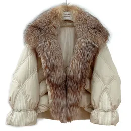 Mulheres pele do falso outono inverno gola real oversized grosso casaco 90% ganso para baixo jaqueta quente feminino luxo moda outerwear 230928