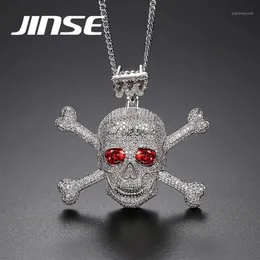 JINSE Full Rhinestone Punk Red CZ Stone Skeleton Skull Pendants Necklaces for Men Gold Color Hip Hop Jewelry Gift Rope Chain1318O