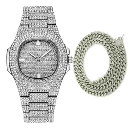 Moda mężczyzn zegarek 2020 Diamond Watch Waterproof Quartz Casual Male Clock Hip Hop Iced Out 18K Gold Naszyjnik 294U