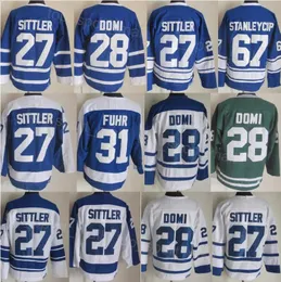 Mężczyźni retro hokej 27 Darryl Sittler Jersey Vintage Classic 28 Tie Domi 31 Grant Fuhr 67 Stanleycup Blue White Green Team Kolor 75. rocznicy haft i szycie