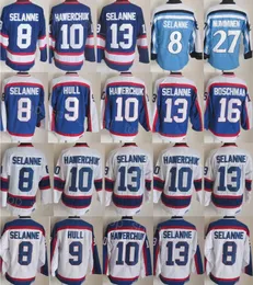 Homens Retro Hóquei 27 Teppo Numminen Jersey Retire 8 Teemu Selanne 10 Dale Hawerchuk 16 Laurie Boschman 9 Bobby Hull Vintage Clássico CCM Azul Branco Ponto Respirável