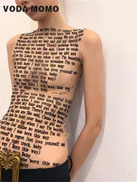 T skjortor mesh se genom båthals ärmlösa mode streetwear kvinnor sommar tee naken färg falska tatuering bokstäver överallt 231005