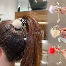 新しいヘアボールウサギヘアクリップ子供用豪華な女の子ポニーテールヘアピンバニーアニマルパールクリスタルバレットヘアアクセサリー