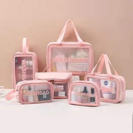 Mulheres viajam sacos de lavagem cosméticos portáteis de PVC rosa à prova d'água transparente display com zíper bolsa de mão para garrafa de toner skincare maquiagem batom estojos de armazenamento
