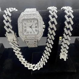 Wristwatches 3PCS Iced Out Watches For Men Gold Watch Quartz 15mm Cuban Link Chains Bracelet Necklaces Diamond Jewelry Man Reloj266I