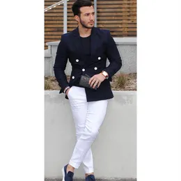 2017 Blu Navy Doppiopetto Abito da uomo Casual Blazer uomo Tuxedo Giacca personalizzata Stile uomo 2 pezzi giacca bianca pantaloni280D