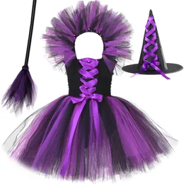 Girl's Dresses Witch Tutu Dress for Girls Halloween Costumes For Kids Girl Fancy Dresses Kne Längd Witches Child Clothes With Hat Broom 231005