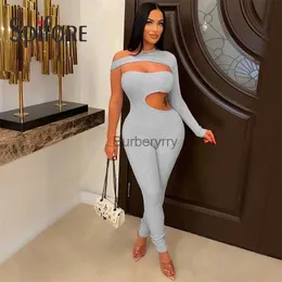 Women's Jumpsuits Rompers Spifore New Design Cut Out Women Jumpsuits Fashion One Shoulder Ribbed Knitted Skinny Rompers Sexy One Piece Party Club OverallsL231005