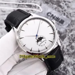 New Master Ultra Thin 1368420 Moon Phase quadrante bianco orologio automatico da uomo cassa in argento cinturino in pelle economici orologi da polso da uomo258r