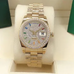 Ladies Automatic Mechanical Watch 36mm Diamond Bezel Sapphire Face Rainbow Square Drill rostfritt stål Rabatt Waterproof317U