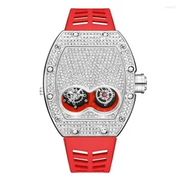 Zegarek pintime oryginalne luksusowe pełne diamentowe mrożone i bledno-ed Rose Gold Case Red silikonowy pasek kwarcowy zegar dla men266o