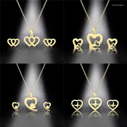 Necklace Earrings Set 20set/lot Stainless Steel Gold Color Heart Pendant Chain Stud Earring For Women Fashion Jewelry Gift Wholesale