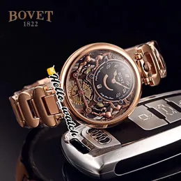 40mm Bovet 1822 Tourbillon Amadeo Fleurie Orologi Orologio da uomo al quarzo Quadrante scheletrato nero Bracciale in acciaio oro rosa HWBT Hello Watch256n