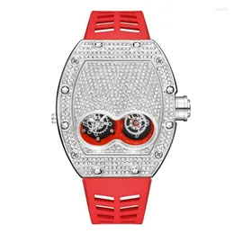 Armbandsur Pintime Original Luxury Full Diamond Iced Out Watch Bling-Ed Rose Gold Case Red Silicone Strap Quartz Clock för Men254L