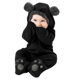 Rompers söta foten födda kläder baby flicka pojke fuzzy huva romper vinter varm baby långärmad björnöron blixtlås jumpsuit 0-24m 231005