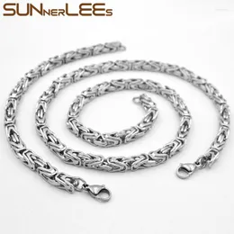 Necklace Earrings Set SUNNERLEES 316L Stainless Steel Bracelet 6mm Geometric Byzantine Box Link Chain Silver Color Men Women Gift SC254 S