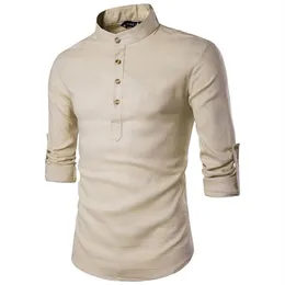 E-Baihui 2021 Men's Explosive Slim-Fit Solid Color Shirt Långärmad stand-up Collar Linen Slim Fit Pullover Shirt B172206