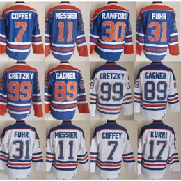 남성 레트로 하키 99 Wayne Gretzky Jerseys Vintage Classic 31 Grant Fuhr 11 Mark Messier 30 Bill Ranford 7 Paul Coffey 89 Sam Gagner 17 Jari Kurri CCM 스티치 블루 화이트