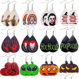 Dangle żyrandol Nowe Halloween Faux Dangle Skórzowe kolczyki dla kobiet Bk dynia duch scl dwustronny druk łzy dhgke