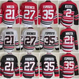 Männer Retro Hockey 35 Tony Esposito Trikots Vintage Classic 27 Jeremy Roenick 21 Stan Mikita 2 Duncan Keith Stickerei und Nähen Ruhestand reine Baumwolle für Sportfans