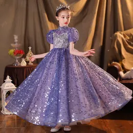 Pretty Purple Shiny Flower Girl Dresses Blinging Trött tyllgolvlängd Girls Ball Gown First Communion Kids Birthday Party Glowns Child Pageant Dress 403