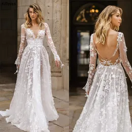 Western Country Hippie Bohemian Lace A Line Wedding Dresses Sexy V Neck Backless Arabic Aso Ebi Bridal Gowns Long Sleeves Plus Size Reception Dress CL2763