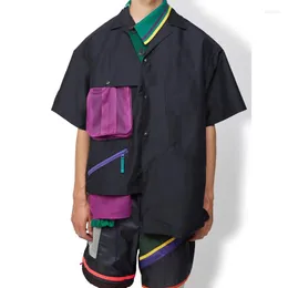 メンズカジュアルシャツ23SSコラー安倍runyi日本語デュアルカラー不規則なラペルルーズメッシュマッチする半袖男性の夏のシャツ