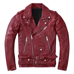 Men S Leather Faux Sheepskin Red Motorcykeljacka Koreansk stil Slim Fit Biker Rider Äkta kläder sned blixtlås Male 231005