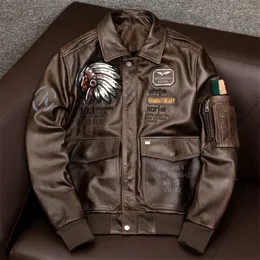 Skórzany Męski Faux 2023 Lot sił powietrznych A2 Pilot Indyjska krowa motocykl brązowa kurtka 100 Cowhide Bomber Męskie ubranie 231005
