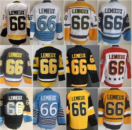 Man vintage hockey 66 lemieux retro tröja ccm klassiker alla sömda lagfärg svart vit blå gul pension pullover för sportfans andas rent bomullstopp