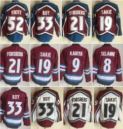 Mann Vintage Hockey 33 Patrick Roy Jersey Retro 8 Teemu Selanne 9 Paul Kariya 52 Adam Foote 21 Peter Forsberg 19 Joe Sakic Classic CCM Stickerei Rot Weiß Retire Top