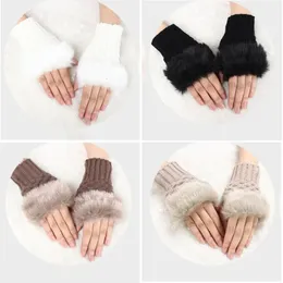 Five Fingers Gloves Winter Women Gloves Warmer Stylish Gloves Knitting Faux Wool Mitten Fingerless Rabbit Fur Gloves Arm Wrist Gants Femme Gift 231006