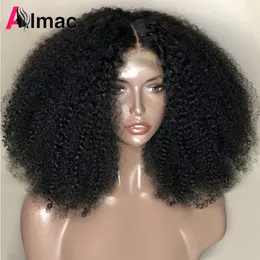 合成ウィッグ250％密度密度アフロキンキー巻き毛の女性インディアン13x4レースフロントウィッグ4x1 t透明なレミー231006