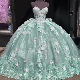 Light Green Sweetheart Tulle Off the Shoulder Ball Gown Quinceanera Dresses Appliques 3DFlowers Sleeveless Sheer Formal Princes