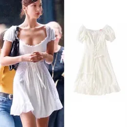 Boho Loveshackfancy Autumn Dress Beige Short Sleeve Ruffles Slim Holiday Ins Bloggers Special Interest Mini Dress Women258V