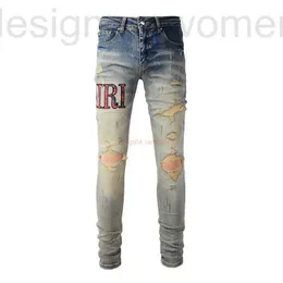 Men's Jeans Designer Clothing Amires Denim Pants 888 High Street Amies Old Wornout Red Check Letters Slim Distressed Ripped Skinny Motocycle B FCC1